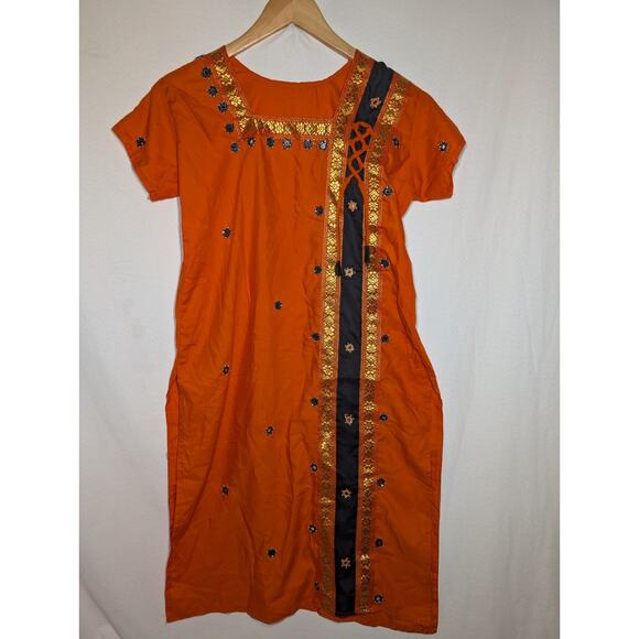 Middle Eastern Womens Patiyala Kaftan Dress Sz M Orange Beaded Gold Trim Indian - Picture 1 of 5
